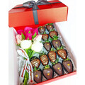 Black & Bronze Chocolate Strawberries with Roses Gift Box